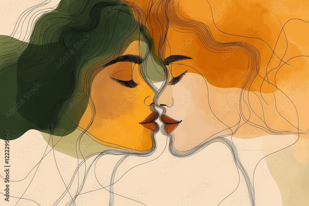 Aufkleber A minimalist portrayal of two abstract faces blending together with merging color waves, embodying themes of unity and emotion in a modern art style.