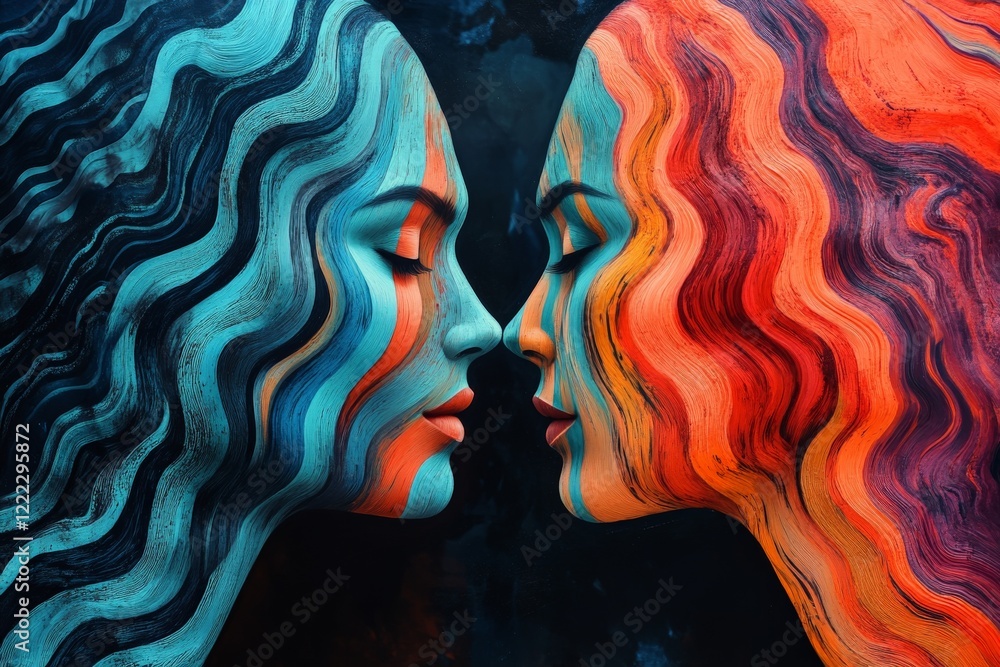 Poster artistic profiles composed of dynamic, vibrant color waves representing individuality and contrast, 