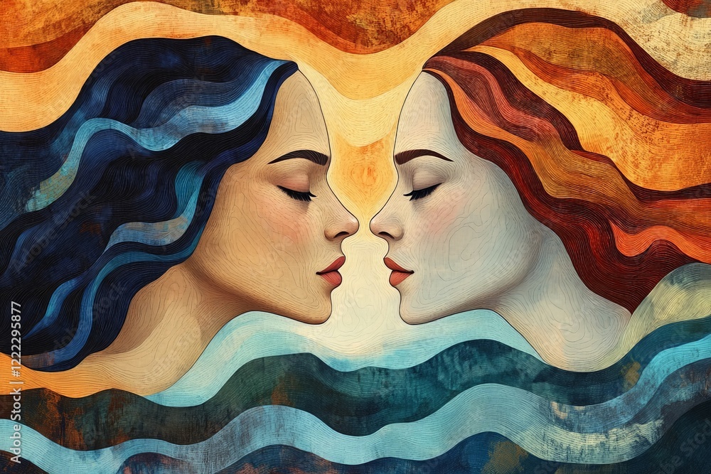 Aufkleber An artistic depiction of two profiles merged gracefully through abstract flowing lines, representing connection and unity in a modern stylized approach.