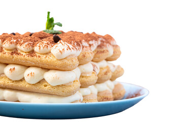 Classic Tiramisu Dessert on Rustic Plate.  On transparent background