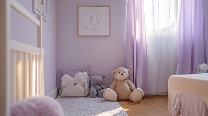 purple nursery room interior with teddy bears and plush toys