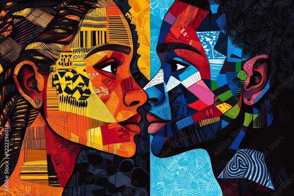 Aufkleber a vibrant collage showcases side-by-side faces with varied patterns, colors, and textures symbolizin