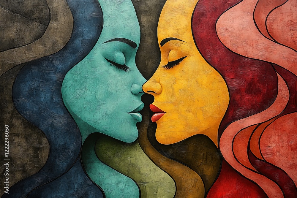 Aufkleber a beautiful and abstract depiction of two faces in profile, rendered in bold colors of blue and yell