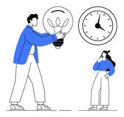 Two people interact with giant light bulb and wall clock. Man holding light bulb, woman thinking. Ideal for time, innovation, teamwork, deadlines, planning productivity creativity. Abstract line