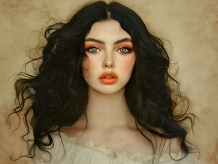 woman long dark hair intense gaze red lipstick soft lighting