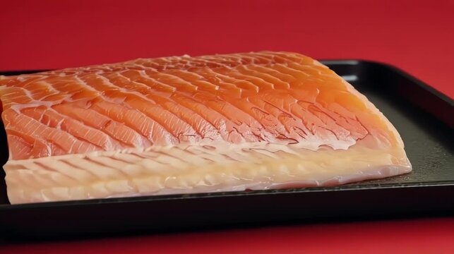 Fresh salmon slice on a black plate.