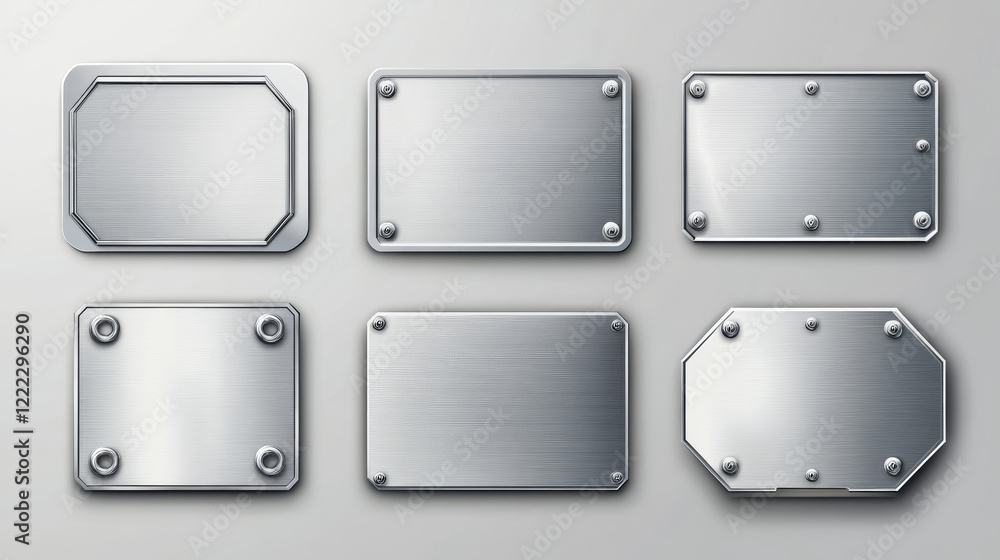 Poster steel metal tag plate of rectangular, square and hexagon shape with rivets. realistic vector set of 