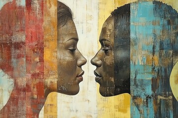 Featuring contrasting faces blended with a textured color palette, this artwork captures complex interactions and introspective connections in abstract style.