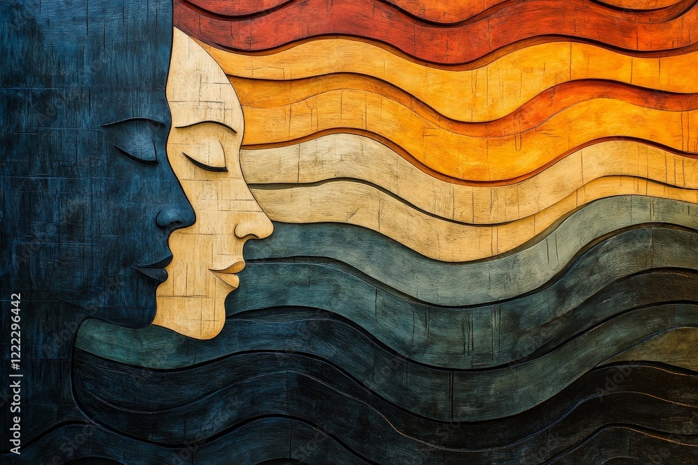 Aufkleber an expertly textured piece depicting abstract faces with undulating waves of color, revealing hidden
