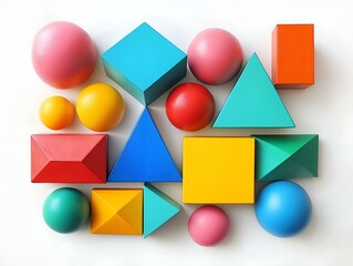 colorful geometric shapes, 3d rendering, vibrant colors, white background, abstract composition