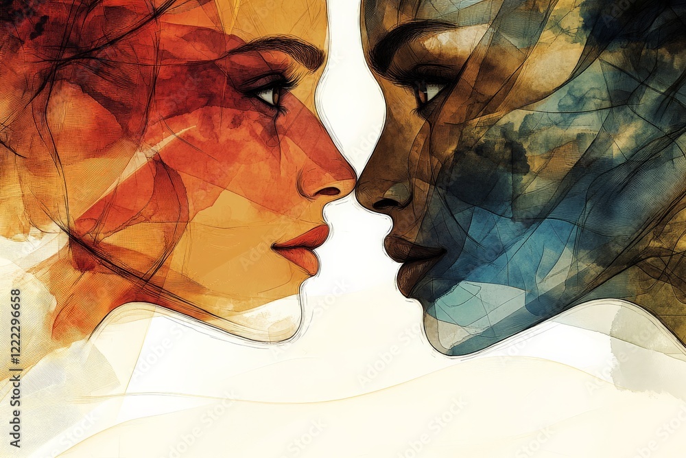 Poster this artwork elegantly blends two insightful portraits into one, capturing a vibrant interplay of co