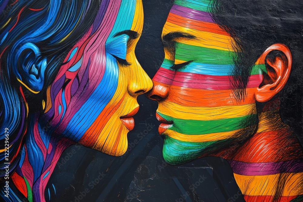 Poster A dynamic composition showcasing two human profiles with multicolored stripes, symbolizing diversity and unity through vibrant artistic symphony of hues.