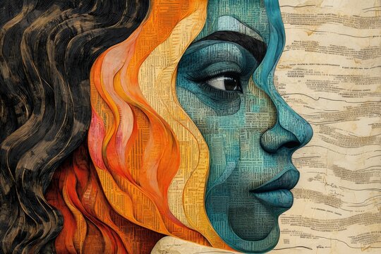 Intriguing profile with multicolor textural blends explores the depth of emotion and experience, distinguished through layered abstract newspaper-style textures.