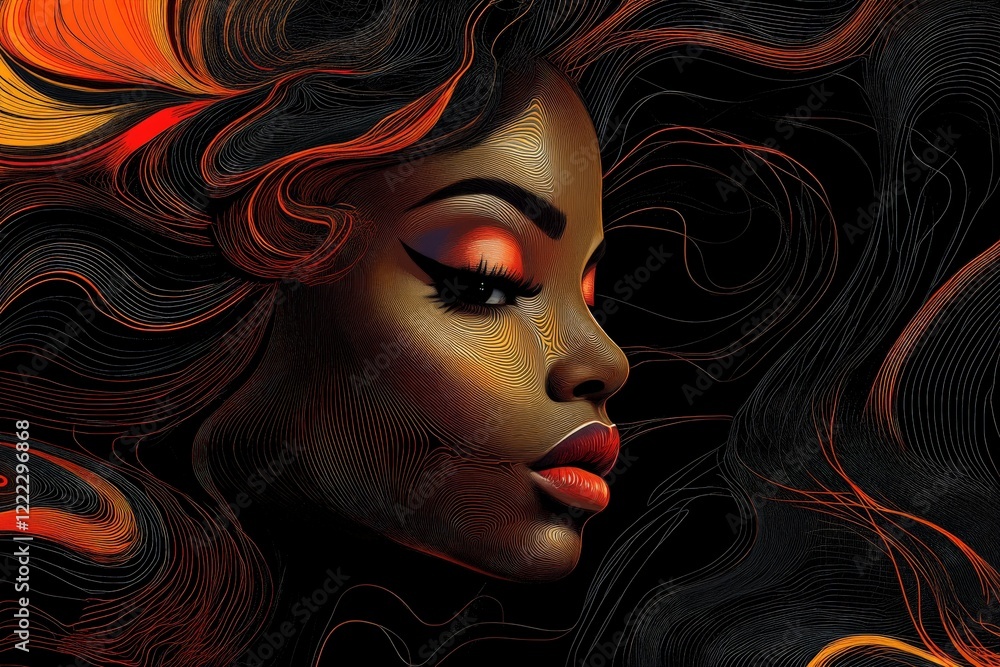 Poster a mesmerizing portrait highlighting a striking face with flowing hair adorned in dynamic colors and 