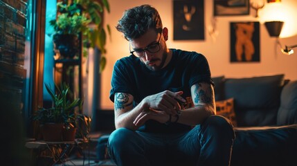 Man sitting in a cozy setting with evening light