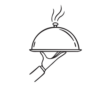 recommend clip art: Waiter hand holding cloche serving plate doodle hand drawn icon. Outline drawing Waiter hand holding cloche serving plate line clipart symbol