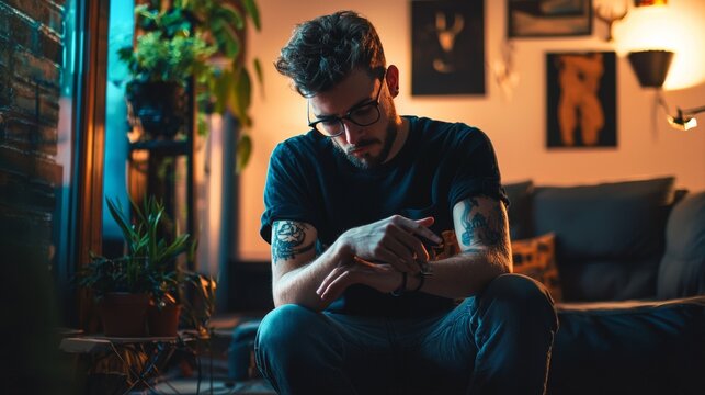 Man sitting in a cozy setting with evening light