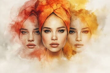 Fototapeta premium An artistic portrayal of a woman with a headwrap exhibiting three different expressions in watercolor style, showcasing diversity and depth of character.