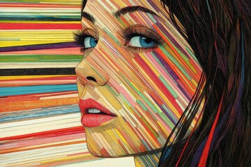 A vibrant modern illustration of a woman's face with colorful stripes, highlighting boldness and individuality, created in a unique striped pattern art style.