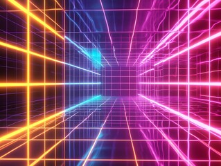 Obraz premium 3D Abstract Shapes with Neon Lights Forming a Grid Pattern in Vibrant Pink and Blue Colors, Futuristic Digital Background with a Tech Aesthetic