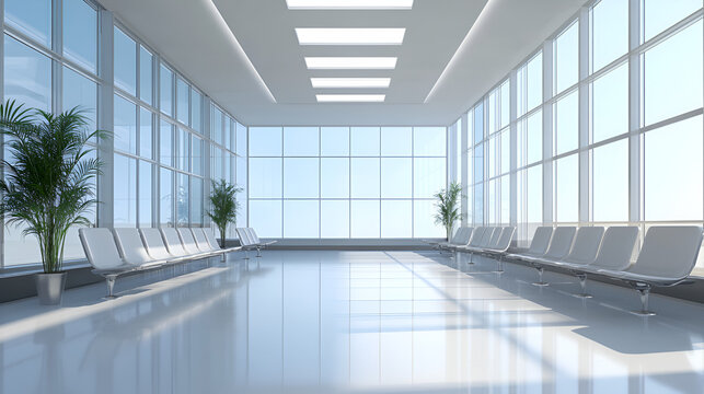 Modern architectural waiting area, bright lobby, airport-style interior, corporate design, futuristic space