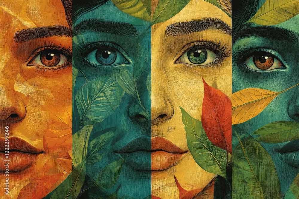Poster four portraits with nature-inspired themes, overlaid with colorful leaves creating a rich and textur