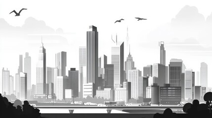 Monochrome Cityscape Illustration with Urban Skyline and Birds