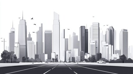 Fototapeta premium Black and White City Skyline with Empty Road and Minimalist Style