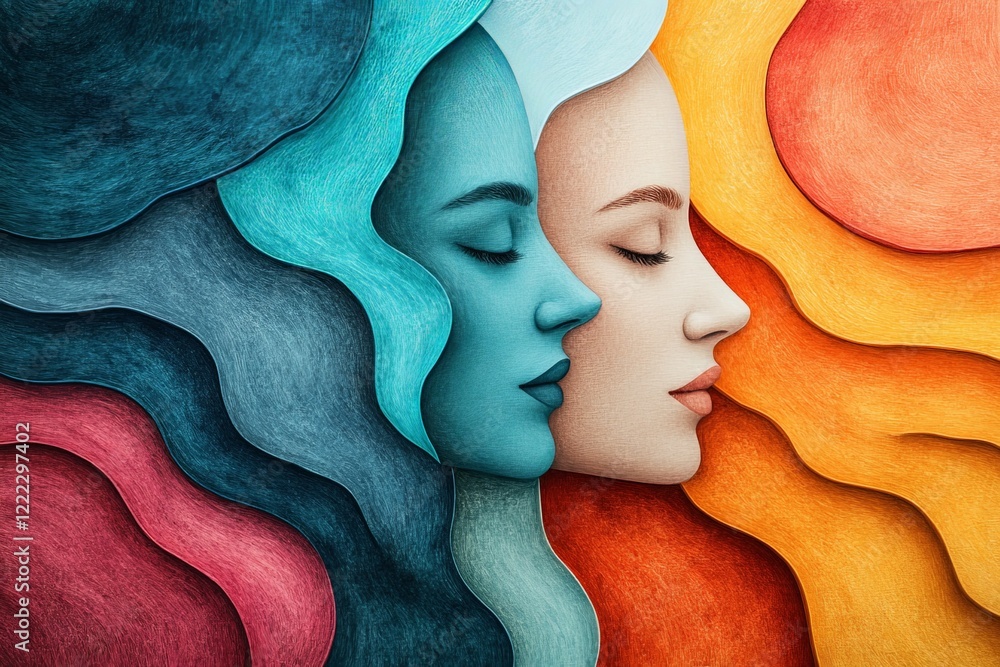 Aufkleber Artistic representation of two faces overlapping, showcasing vibrant colors, flowing patterns, and intricate textures, capturing the essence of duality and harmony.