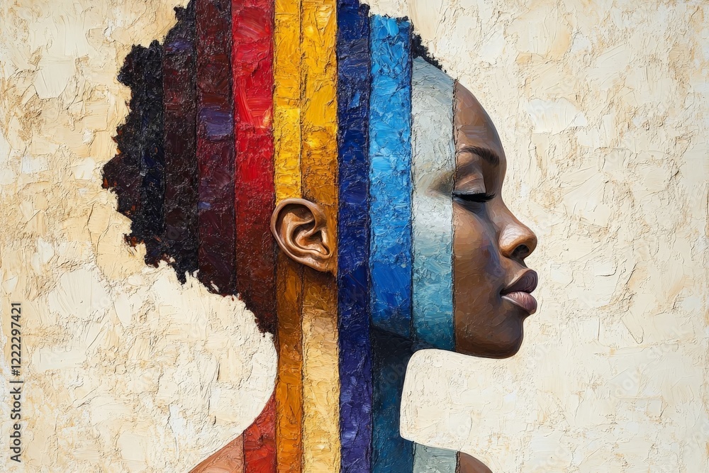 Aufkleber An expressive profile view of a woman adorned with vertical stripes in various colors, merging human expression with vibrant and modern artistic style.