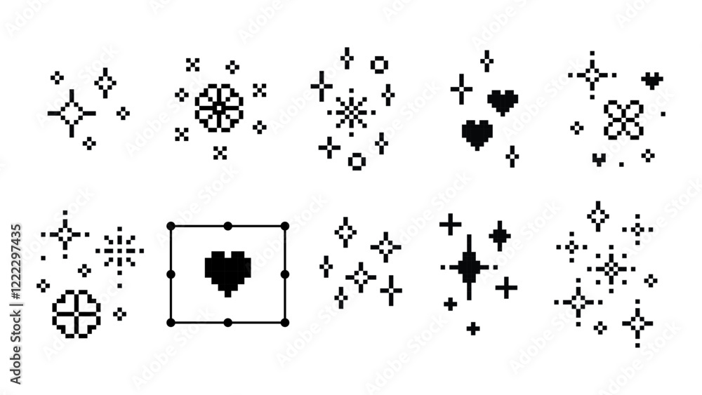 Aufkleber glitter whimsical pixel art texture set. star. heart. simple flower icon. y2k sparkle icons. mood of