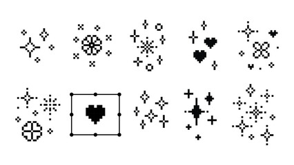 Glitter whimsical pixel art texture set. Star. Heart. Simple flower icon. Y2k sparkle icons. Mood of 90s. 8 bit retro style editable vector illustration. Simple geometric shape. Game abstract elements