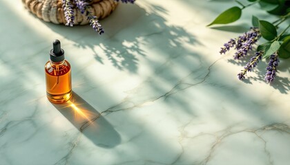 Essential oil bottle on marble surface with shadows of lavender and leaves