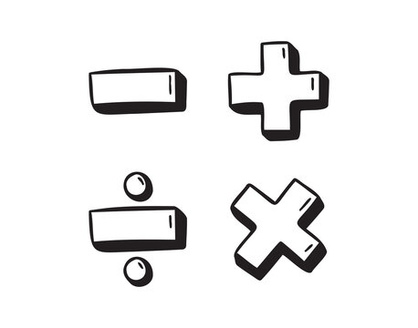 math symbols, divide and multiply, minus and plus doodle hand drawn icon. Outline drawing mathematical operations line clipart symbol