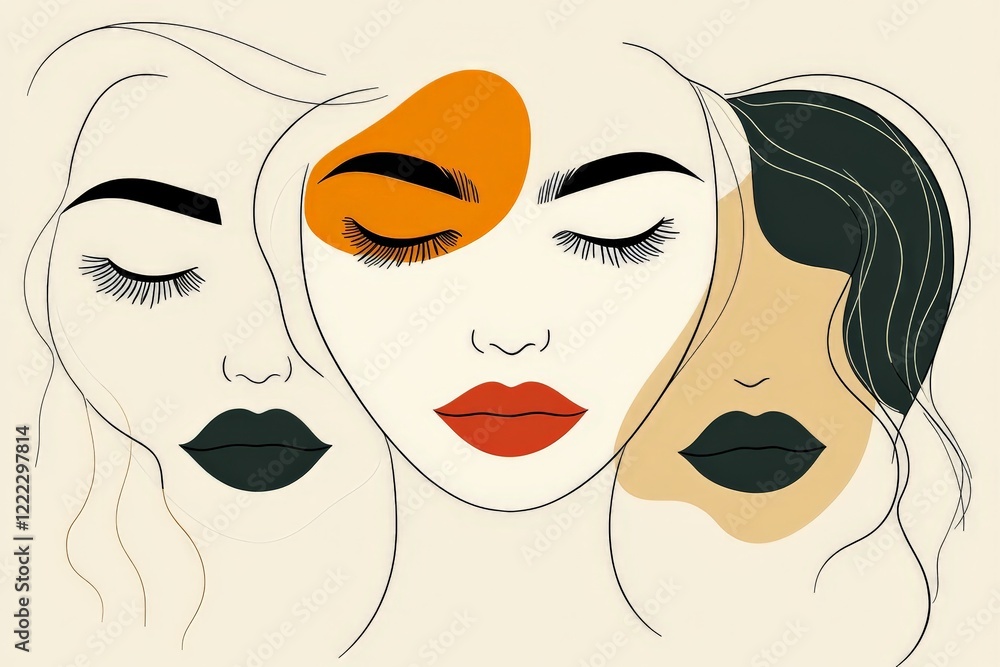 Poster A minimalist abstract artwork displaying three faces with varying expressions and vivid colors. This piece captures diversity and unity through simplicity and style.
