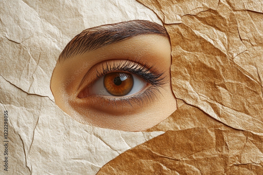 Aufkleber This image captures a close-up of an eye peering through a textured paper-like background, symbolizing insight, observation, and the depth of perception in a modern style.