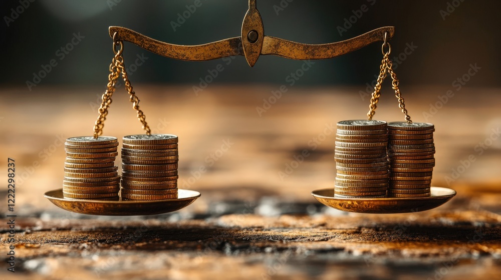 Poster scale with various coins measuring weight in a financial context on a white background
