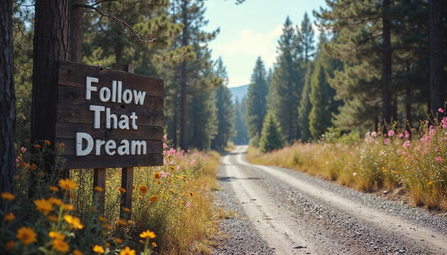 Motivational quote saying Follow That Dream on a sign next to a road in the nature 