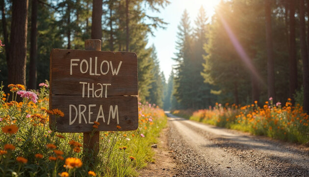 Motivational quote saying Follow That Dream on a sign next to a road in the nature 