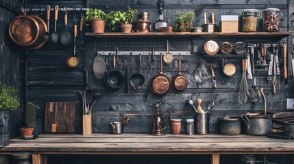 Rustic kitchen with vintage utensils and cookware