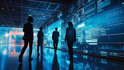 Business professionals observing digital data displays in a modern tech environment