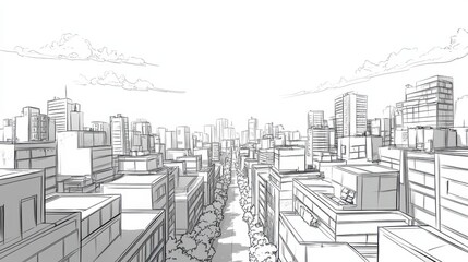 Urban Landscape Sketch with Buildings and Cloudy Sky Overhead