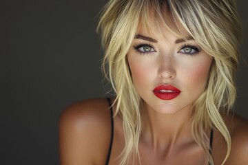 Fototapeta premium A captivating portrait featuring vibrant red lipstick and striking eyes, personifying bold and confident charm with a modern, fashionable twist and allure.