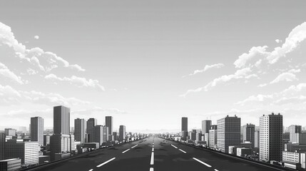 Urban Skyline with Road Leading to City in Black and White
