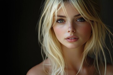 Fototapeta premium A mesmerizing portrait of a blonde woman with windswept hair against a dark background, exuding vulnerability, elegance, and ethereal beauty in a soft expression.