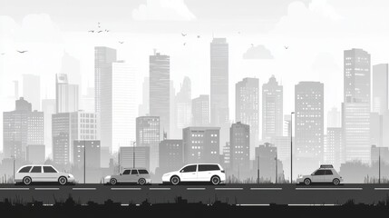 Cityscape with Cars on Road in Monochrome Urban Environment