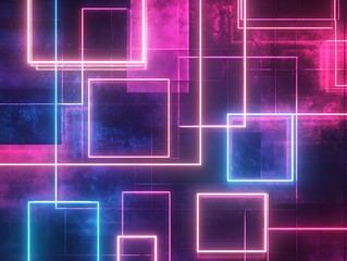 Obraz premium 3D Abstract Shapes with Neon Lights Forming a Grid Pattern in Vibrant Pink and Blue Colors, Futuristic Digital Background with a Tech Aesthetic