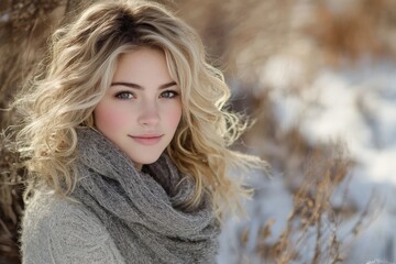 A curly-haired blonde woman wrapped in a cozy scarf stands in a snowy setting, radiating warmth and peaceful contemplation amid the winter frost.