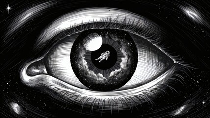 ~vision verse

A black-and-white close-up sketch of an eye with a surreal depiction of deep space in the pupil
A small astronaut
