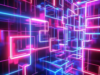 Obraz premium 3D Abstract Shapes with Neon Lights Forming a Grid Pattern in Vibrant Pink and Blue Colors, Futuristic Digital Background with a Tech Aesthetic